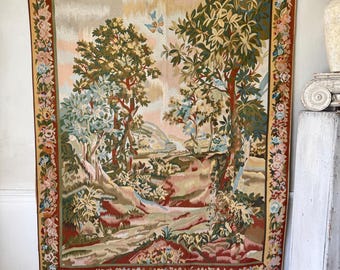 65x53 Francuska zieleń, malowniczy krajobraz leśny, tkanina, stara pastelowa, vintage, tkana, wisząca na ścianę, romantyczna, zamkowa, unikatowa sztuka, ręcznie robiona