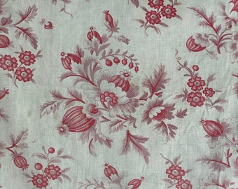 Antique French fabric c1860 faded floral roller printed Indienne stylized cotton