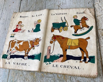 Vintage French fabric book for children baby book Nos Amiz Jean Matet Animal names