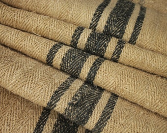 Stair runner heavy hemp Grain sack Fabric by the yard blue Stripes Herringbone weave Antique homespun linen Coastal home  eco-friendly