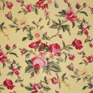 Vintage French Floral fabric pink rose flower design on yellow ground 1930&#39;s cotton eco-friendly