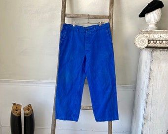38 inch waist 1950s Vintage Pants faded bright blue trousers heavy cotton twill weave The Textile Trunk men's slacks workwear button fly