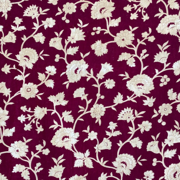 Floral vintage cotton French fabric material burgundy and cream flower flowered print design pillows lampshades Textile Trunk