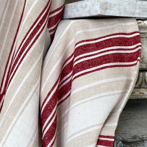Grain sack Fabric RED stripe Linen + Cotton upholstery material heavy weight pillows upholstery curtains The Textile Trunk eco-friendly
