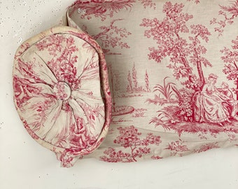 Vintage France Round bolster pillow cover case  toile de Jouy  Central France fabric material French country farmhouse red Textile