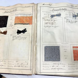 May include: A vintage fabric sample book with handwritten notes and fabric swatches. The book includes samples of black and white, orange and black, and gray and white fabrics. The book is labeled "Fleischstoff" and "Doucette Stoff".