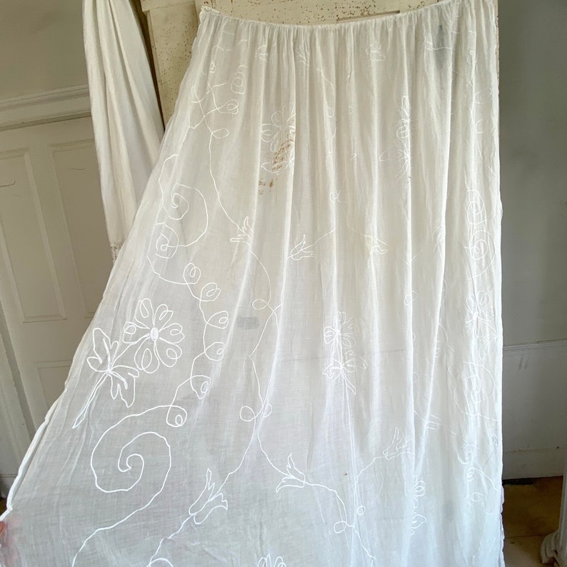 White Antique muslin curtain tambour lace applique 1800's drapeUnique window treatment image 9