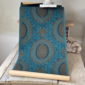 2.55 antique 1900 French wallpaper blue stylized home decor Victorian wall art design shabby farmhouse rich interiors turquoise TEAL