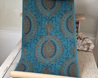 2.65 antique 1900 French wallpaper blue stylized home decor Victorian wall art design shabby farmhouse rich interiors turquoise TEAL
