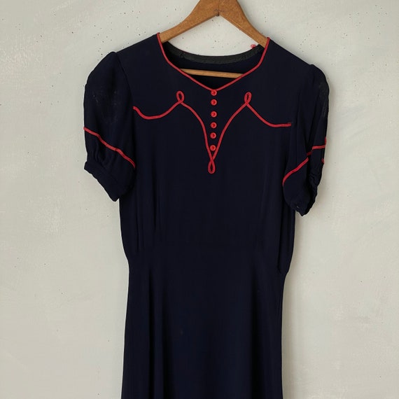 Charming Navy Rayon Women's Dress 1940s Red Accen… - image 7