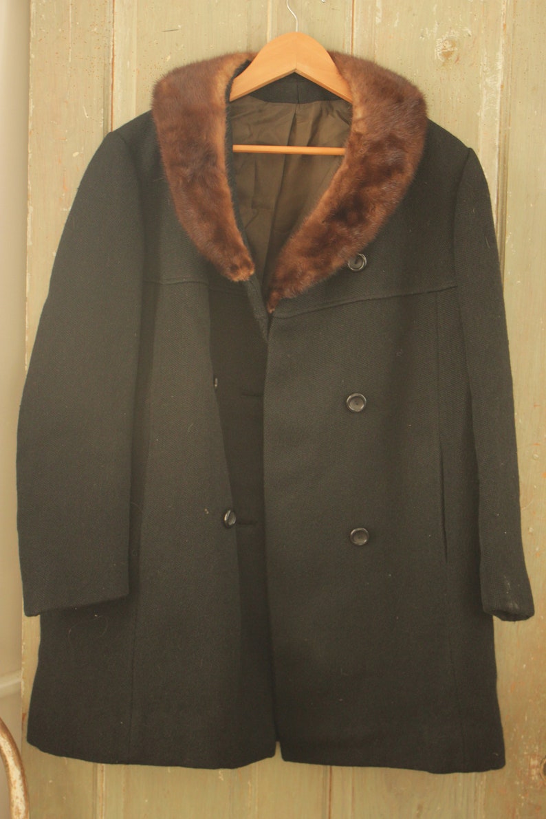 Antique French Mink Collared Black Wool coat 1940s Jacket with Silk Lining French Classic vintage clothing image 4