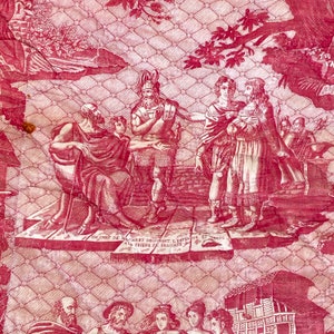 May include: A vintage tapestry depicting a historical scene with multiple figures in red and white. The text on the tapestry reads "Un chef de Baccares devant l'empereur et l'abbe a la priere de Belgique".