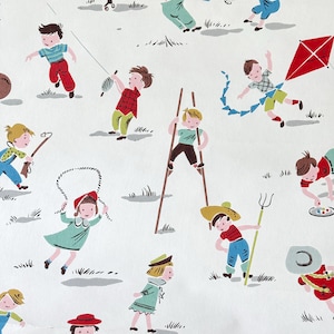 May include: A retro wallpaper design showing children at play. The illustrations feature kids with toys, flying kites, and using stilts. The colour scheme includes red, blue, green, and brown on a white backdrop, evoking a sense of nostalgia.