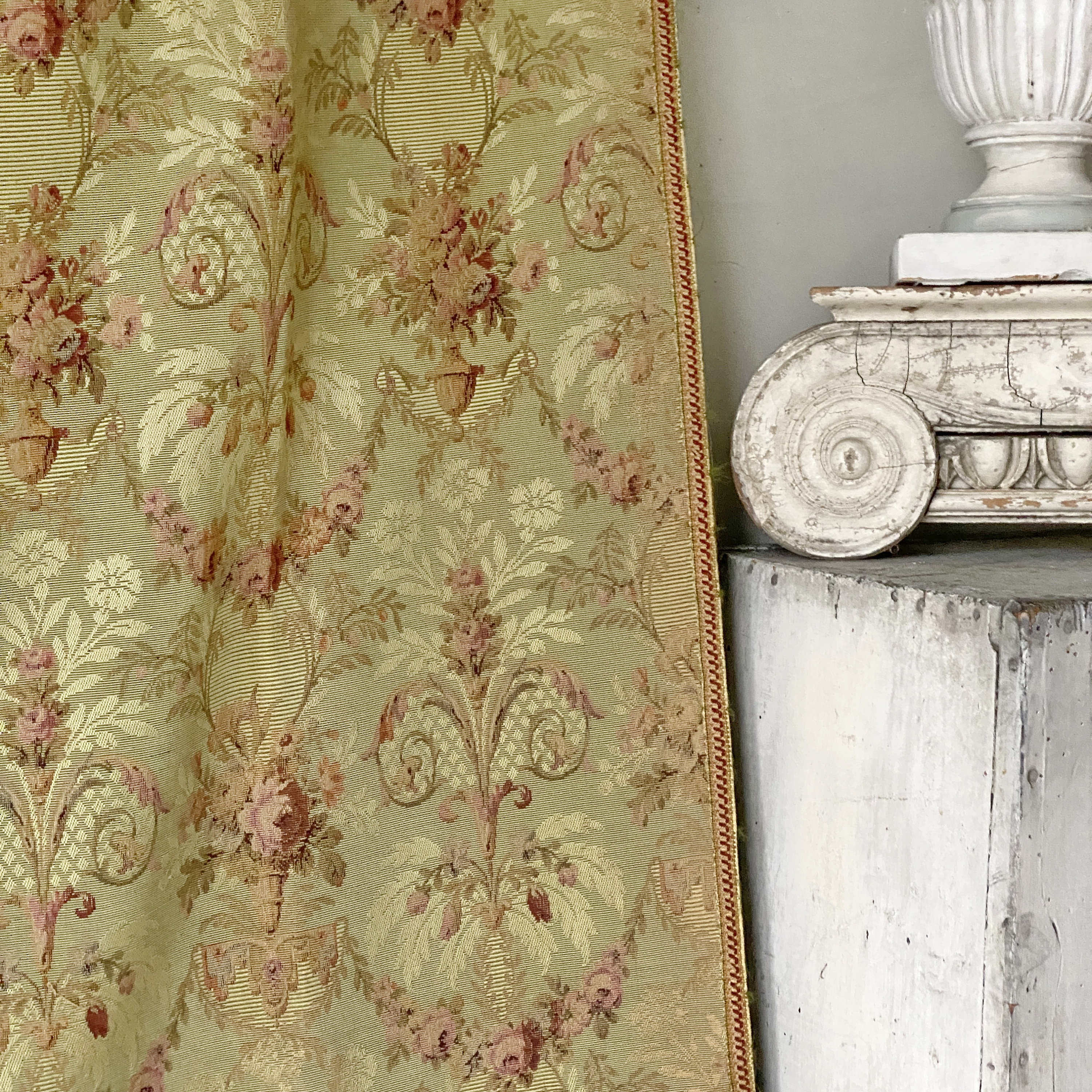 50 X 84 antique GREEN Rococo   French silk curtain  design c1920 backed  fabric materialUnique window treatment Coastal home  eco-friendly
