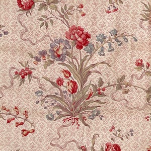 May include: A vintage floral fabric with a repeating pattern of pink and red flowers, green leaves, and a delicate pink and white lattice design.