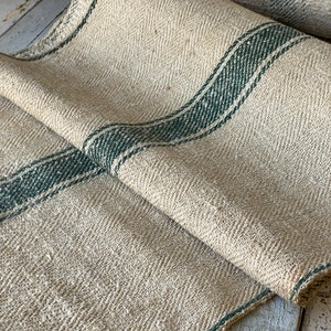 Stair Runner Heavy Hemp Grain Sack Fabric by the yard with Green Stripes herringbone Weave Antique Linen image 6