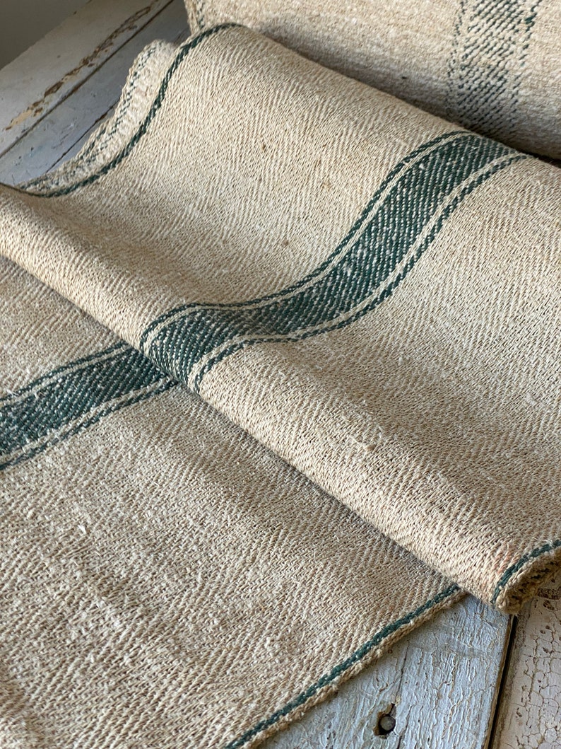 Stair Runner Heavy Hemp Grain Sack Fabric by the yard with Green Stripes herringbone Weave Antique Linen image 6
