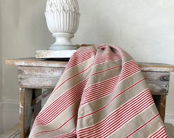 Primitive Rustic Prim Red French fabric Antique  Fabric Ticking Striped Material old distressed aged textile eco-friendly