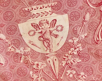 74x101 antique Toile de Jouy curtain bedcover daybed red raspberry old textile from France shabby cottage country farmhouse decor wall art