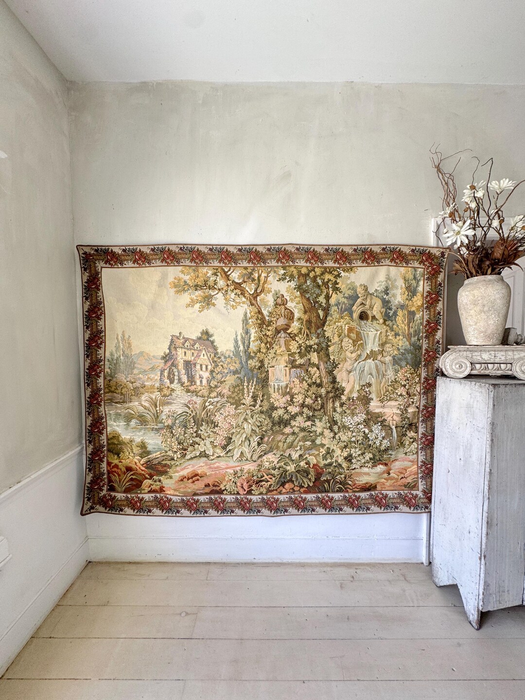 アンティーク　フレンチ布地A 86x64 French Vintage Tapestry Wall Hanging Cherubs Garden Urn