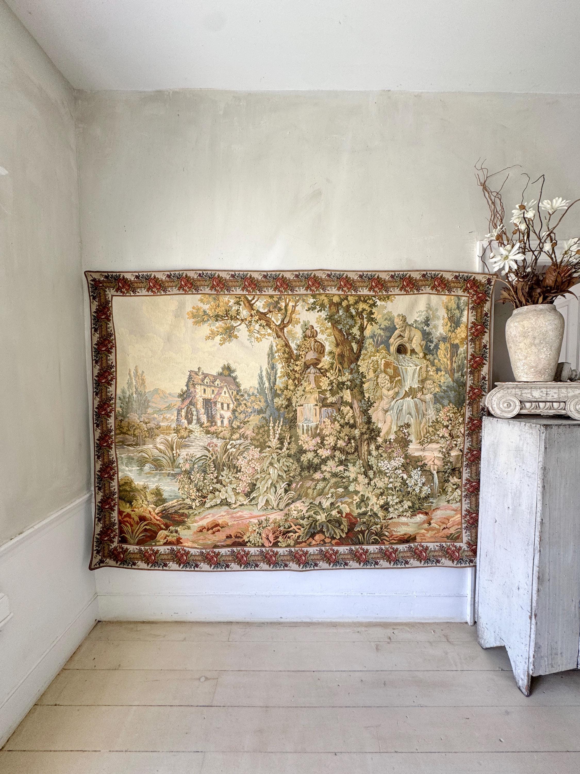 86x64 French Vintage Tapestry Wall Hanging Cherubs Garden Urn