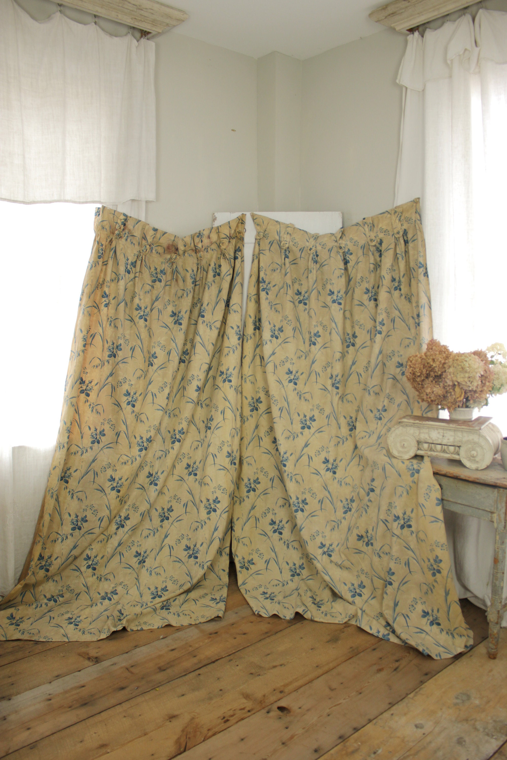 Pair of Curtains Antique French floral and stripe printed linen drape set w/trim 