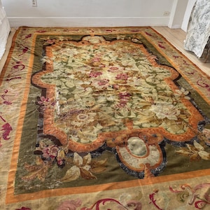 11.5 feet by 7.9 feet Aubusson tapestry rug carpet Castlecore Castle home decor shabby cottage farmhouse handwoven antique vintage timeworn