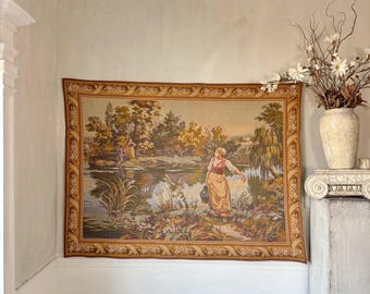 5ftx4ft French Gobelins Mural Lavandière Early 18th Style Castlecore Verdure Medieval Tapestry Wall Art Chateau Decor