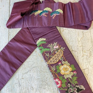 Vintage Japanese Obi silk embroidery colorful belt sash clothing the textile trunk black raspberry red stripes floral bonsai eco-friendly