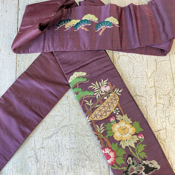 Buy Vintage Japanese Obi Silk Embroidery Colorful Belt Sash Clothing the  Textile Trunk Black Raspberry Red Stripes Floral Bonsai Eco-friendly Online  in India - Etsy