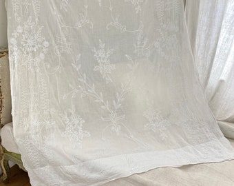 77x 50 Tambour Único hecho a mano Cornely Antique encaje cortina cortina chateau cama blanco bordado diseño hoja césped muselina