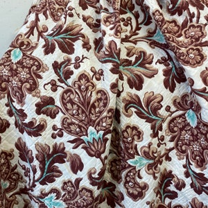 Antique French fabric previously quilted Brown teal material 1890 Farmhouse Cottage styleUnique window treatment eco-friendly