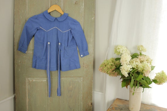 Girl's Dress Tunic French 1940's small blue cotton