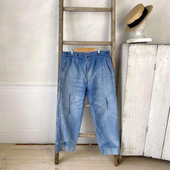 Increíbles pantalones de piel de topo azul, ropa de trabajo, ropa de trabajo,  pantalones vaqueros antiguos de Francia francesa, cintura suave de 38  pulgadas, The Textile Trunk -  México