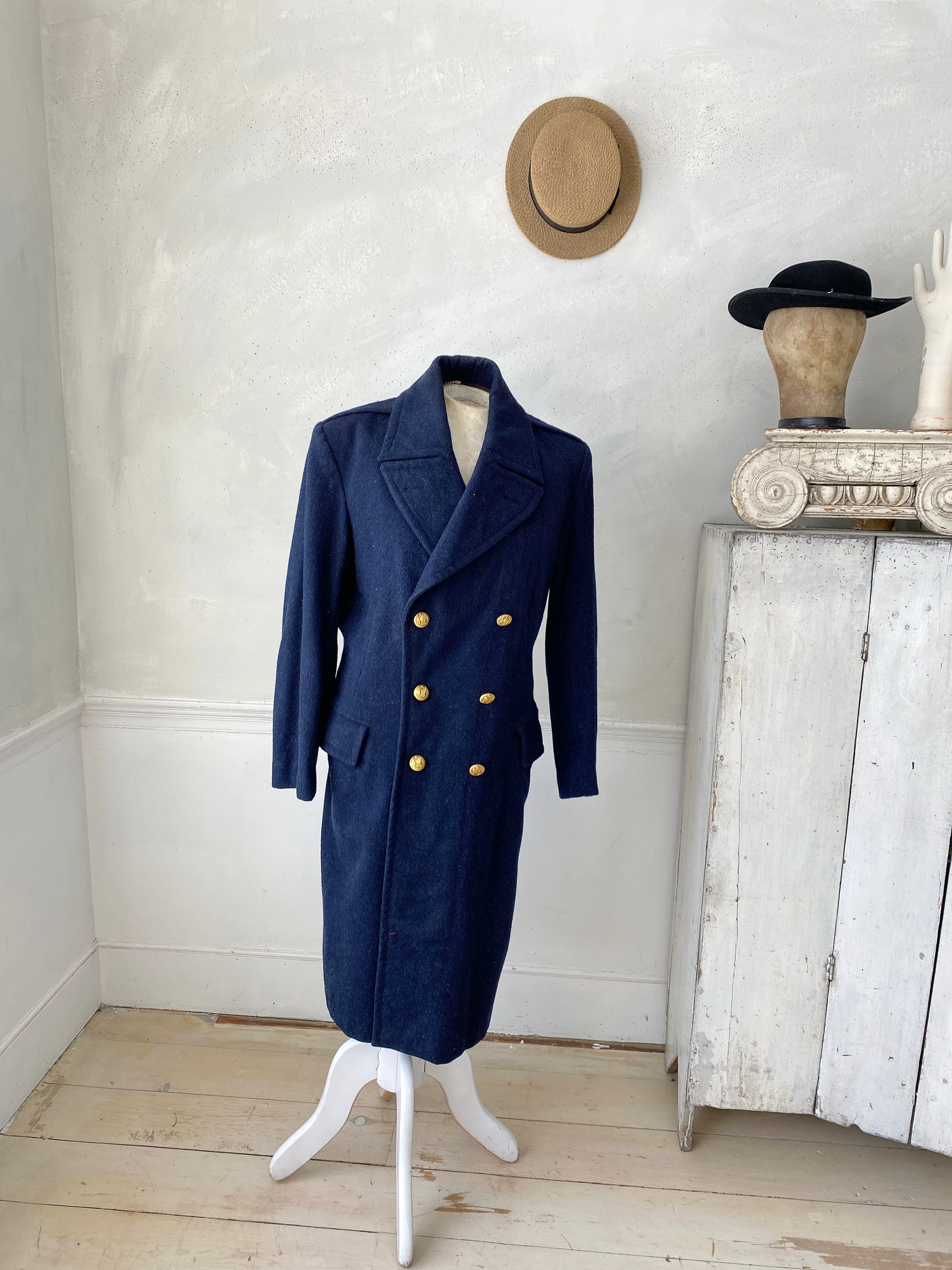 Long Jacket Men's Vintage French Coat Wool HEAVY Blue Long Jacket Men's Vintage French Coat Wool HEAVY Blue