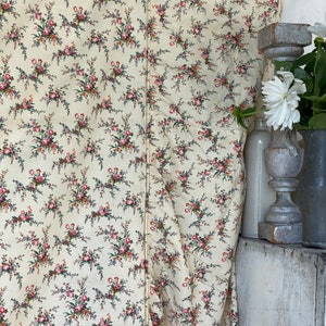 May include: Cream-colored fabric with a repeating floral pattern of pink and red roses, green leaves, and small blue flowers. The fabric is draped, revealing a seam and a ruffled edge. The overall aesthetic is vintage and romantic.