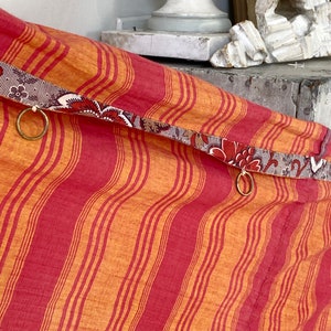 Striped cotton curtain timeworn 18th century bedcurtain fabric material red orange handstitched beautiful antique textile The Textile Trunk