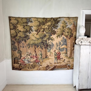 72x59 Vintage French tapestry wall art country scene metallic trim 1930s 1940s chateau decor verdure panel textile farmhouse cottagecore old