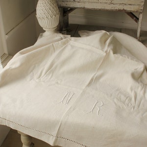 Linen Canvas Vintage Sheet fabric French organic material NR  monogram 1920 white monogram eco-friendly