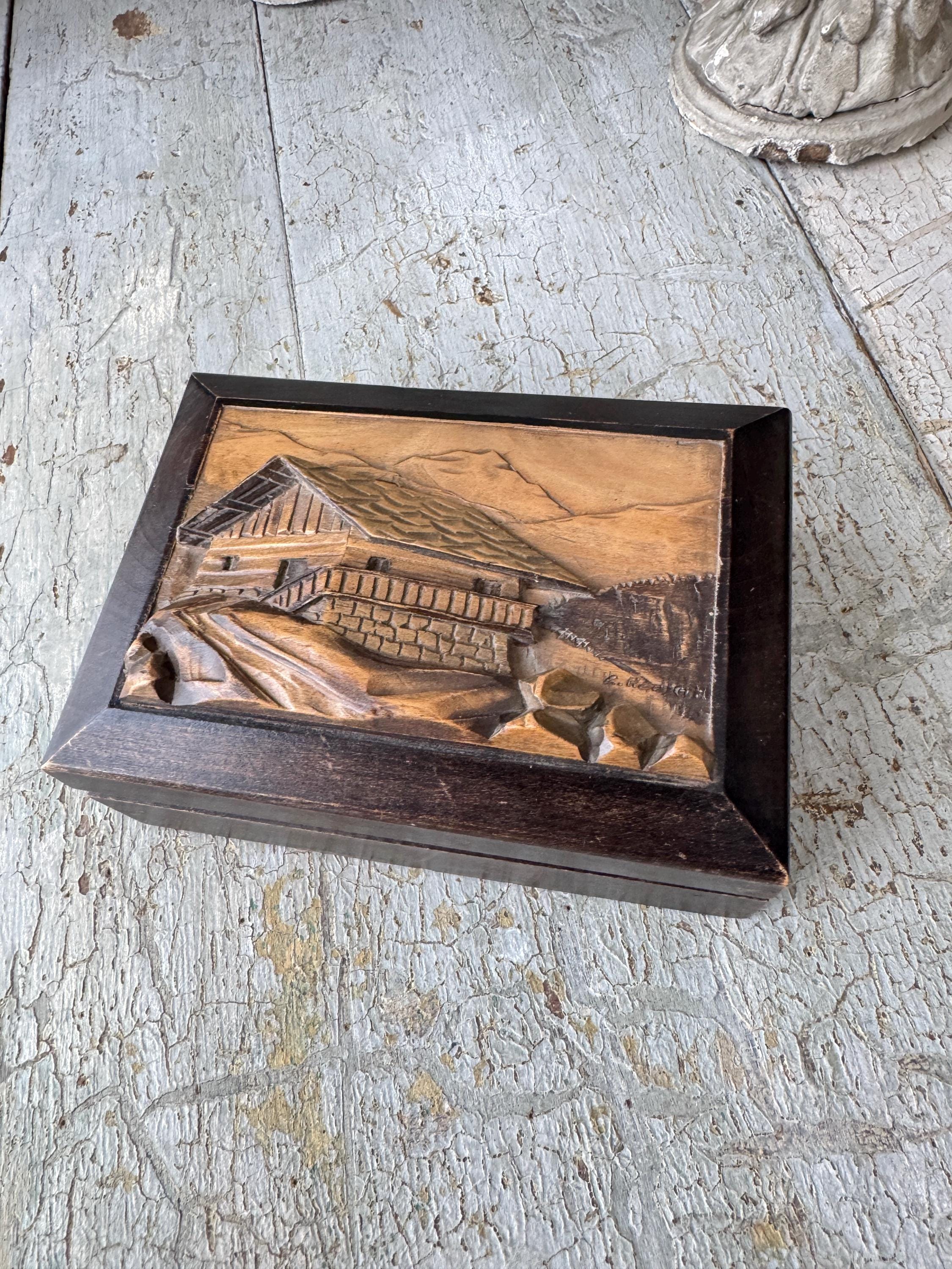 6.5x4.5 Box French Alpine Chalet Carved Wood Box Vintage Folk Art