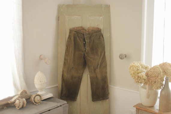 Vintage French cord chore pants work pants 1930s 1940s corduroy cords patched workwear v back cinch buckle hunting trousers Clothing Gender-Neutral Adult Clothing Trousers 