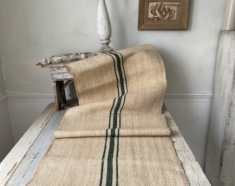 Stair runner 2.36 yards  Grain sack Fabric Antique table runner GREEN stripe hand woven hemp