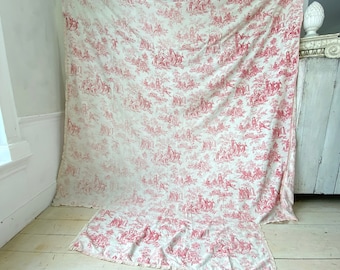 ERSTAUNLICHER verblasster Toile de Jouy LEINEN Bettbezug mit Rüschen rosa Romantisches Französisches Landhausstil Textil Boho Shabby Dekor