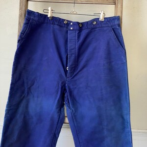 42 inch waist 1940s French vintage MOLESKIN workwear pants faded blue trousers men&#39;s pant The Textile Trunk button fly Coastal home