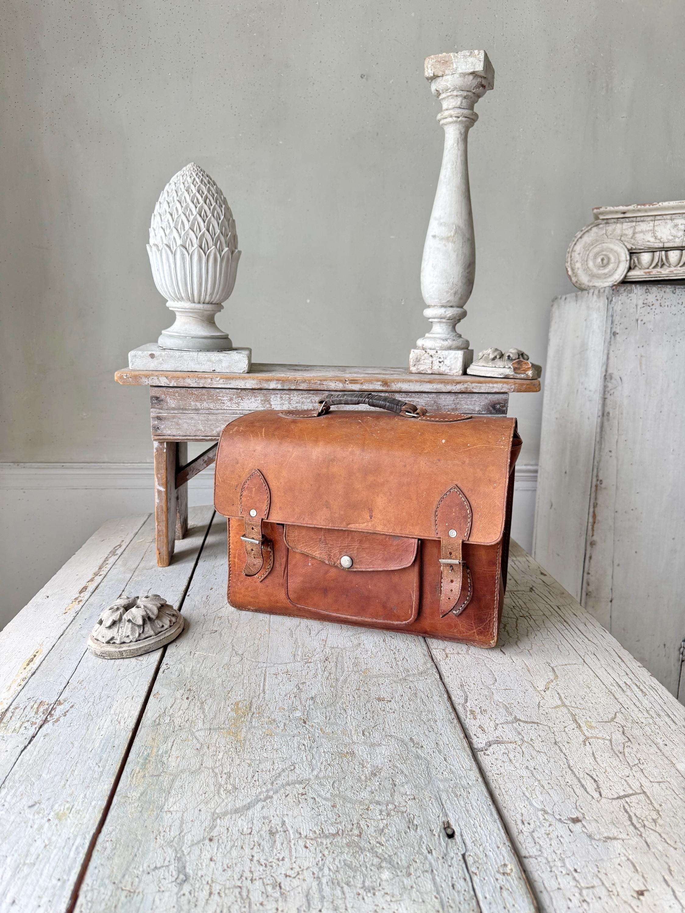 1930's Vintage Leather Satchel Briefcase Brown Patina Leather