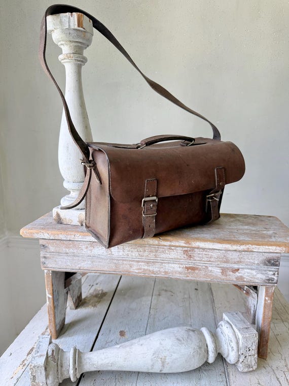 c1940 Vintage French Leather Satchel Messenger Bag Boho Shoulder Bag School Bag Postman Bag Brown Leather Wall Art View 6
