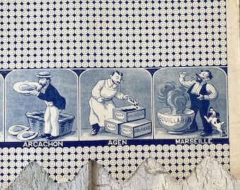 FABULOUS 1910  French regional foods Vintage Kitchen cuisine blue Antique /  wallpaper frieze Border paper Kitchenailia Coastal home