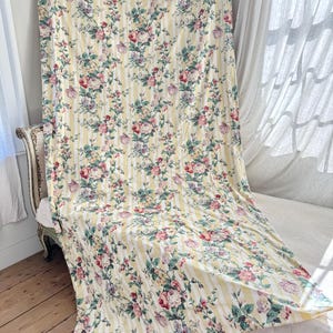 106x52 ( 2 available) 1980&#39;s Vintage French shabby cottagecore farmhouse yellow stripe floral cotton material fabric  roses pattern Textile