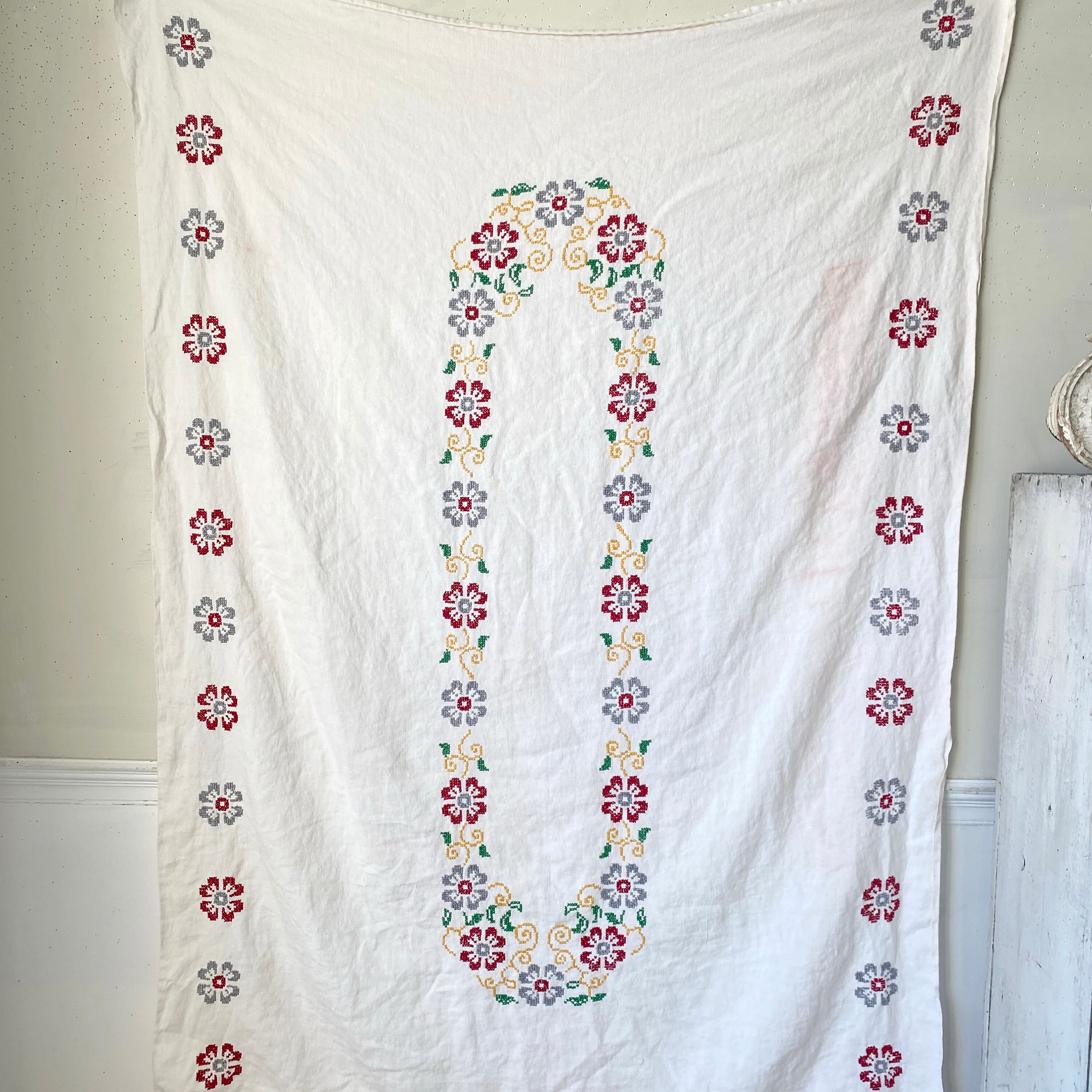 【IENA】FrenchLinen JK 69 X 52 PURE LINEN French Embroidered Cross Stitch White