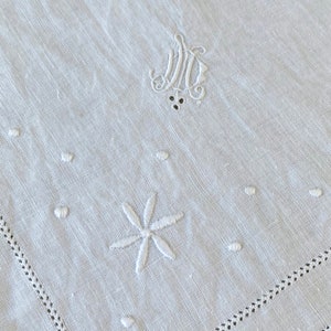Set of 5 Antique French Napkins MD monogram white linen embroidered fine work 1800s Textile Trunk eco-friendly